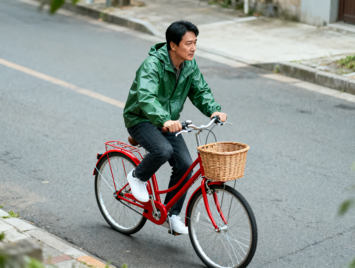 Input photo: a rider in a green jacket on a red bicycle