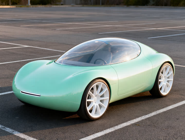 Input photo: a mint-green concept car parked in an empty lot