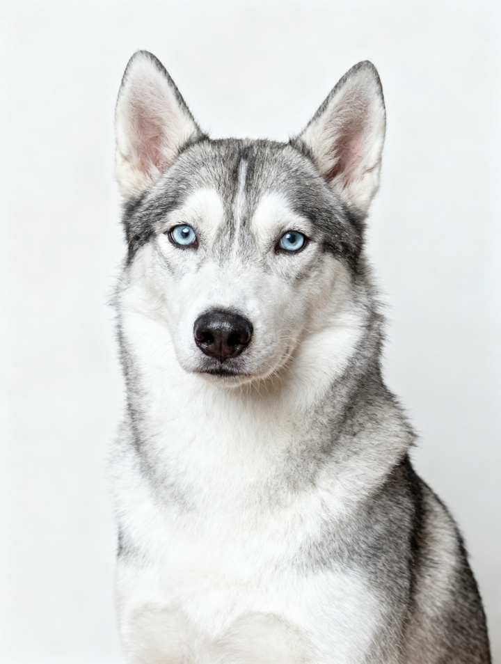 Input photo: a grey and white husky with pale blue eyes