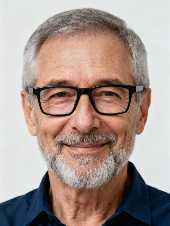 Input photo: a smiling older man with grey beard and black-framed glasses