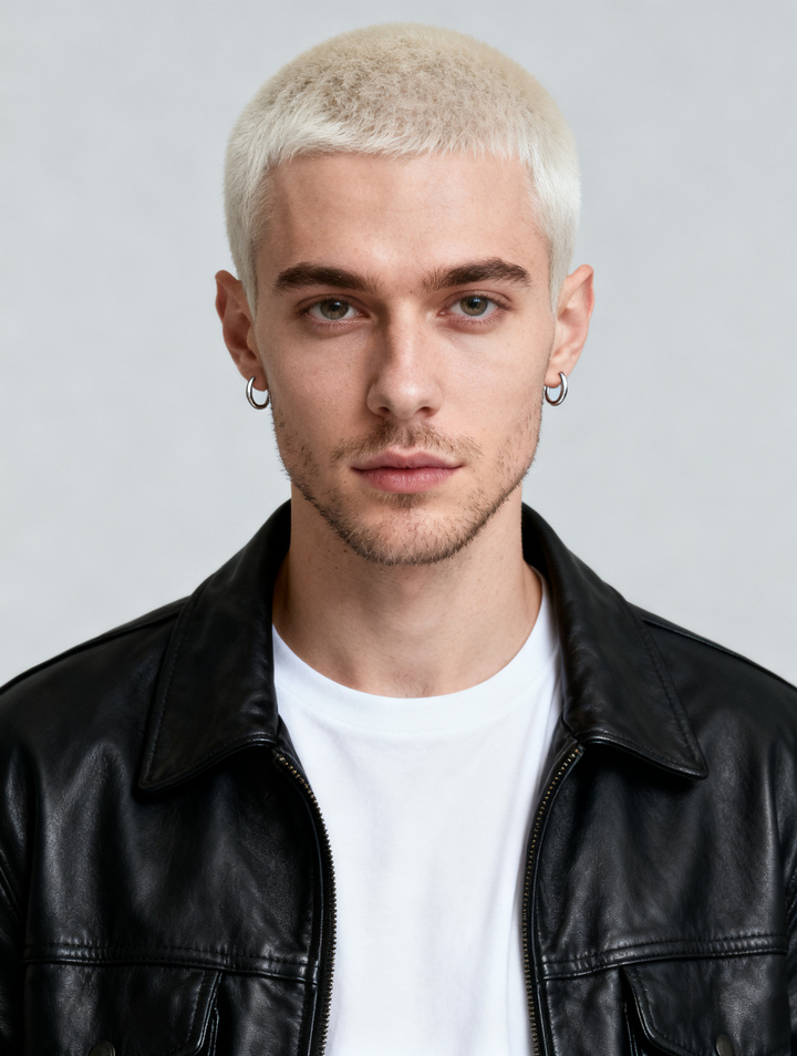 Input photo: a young man with a platinum buzz cut in a black leather jacket