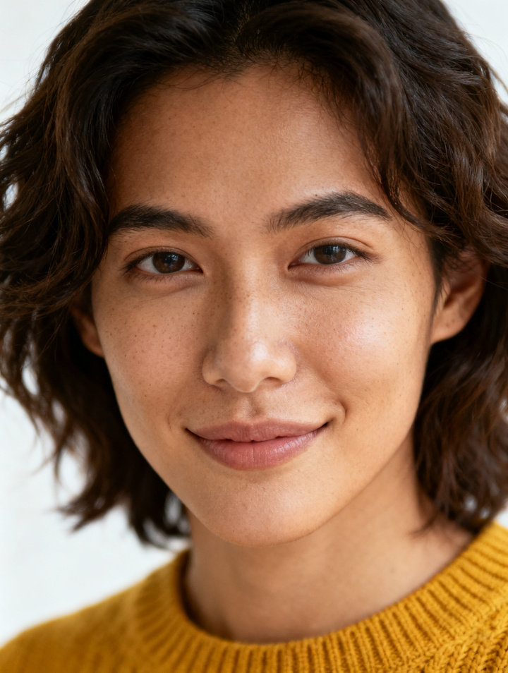 Input photo: a smiling woman with curly brown hair in a yellow sweater