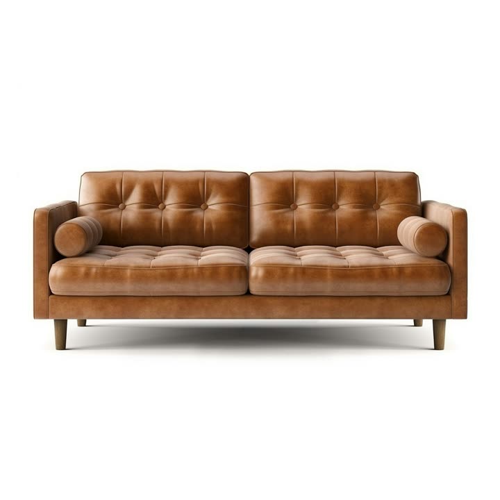 Input photo: a tan leather sofa on a white background